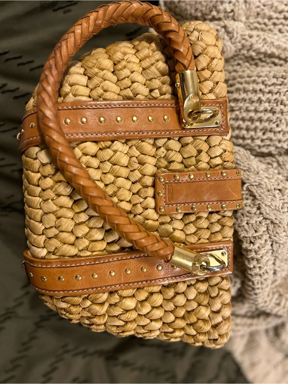 Michael Kors Braided Straw Tote with Brown Leather Trim